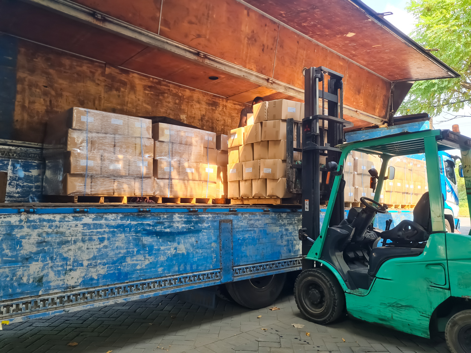 Forklifts lift products in cartons arranged on pallets to deliver them by truck